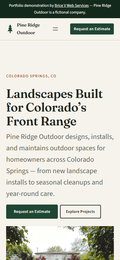 Pine Ridge Outdoor homepage shown on a phone