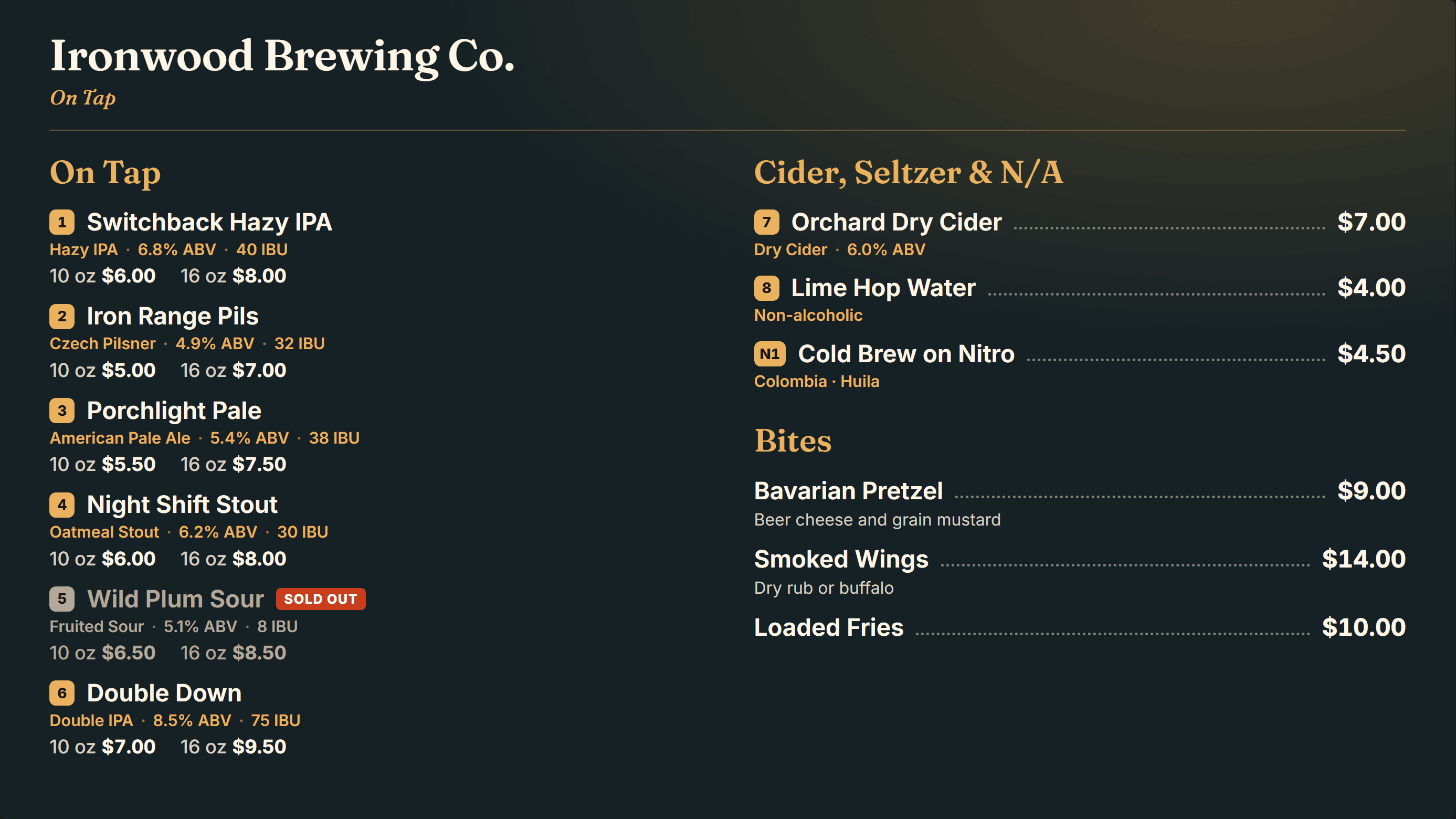 PourSlate TV menu board showing a taproom's beers on tap, ciders, and food with prices